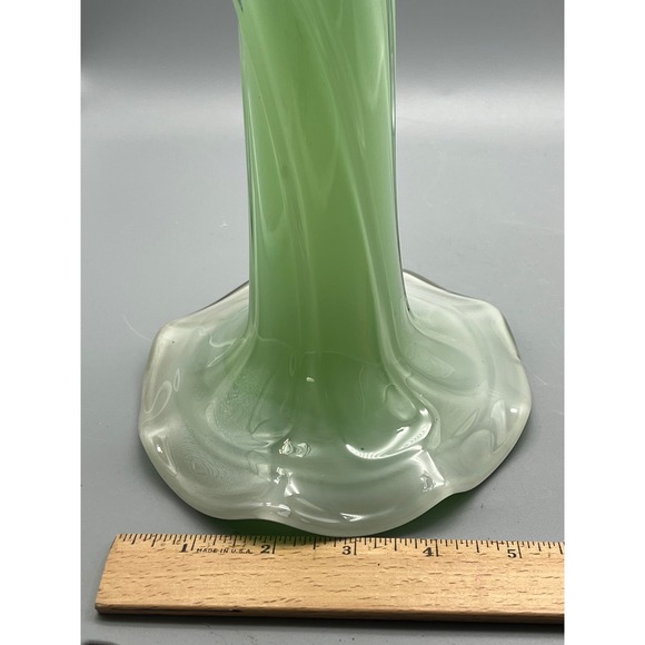 Bright Green Art Glass Vase Bud Flower Trumpet Blue Base Swirl 9.5 Inch - Picture 6 of 8